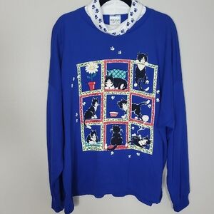 Y2K Vintage Crazy Cat Lady Sweatshirt Sweater Blue Graphic Novelty Cowl Neck